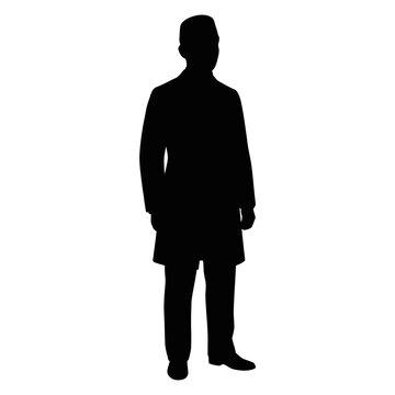 A detailed silhouette of a man dressed in traditional 1880s Indonesian attire, featuring a long frock coat and a peci hat, presented in high contrast.