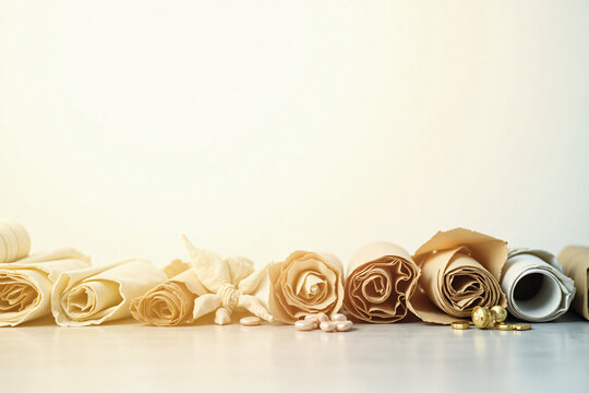 Collection of rolled vintage parchment scrolls with starfish and seashells on white surface for creative design or marine decor concept