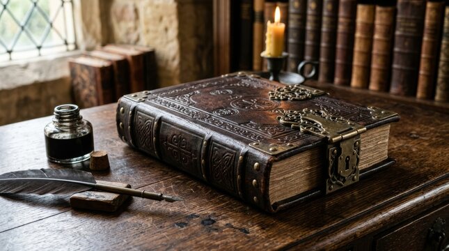 The leather bound book sits on a wooden desk near a lit candle.