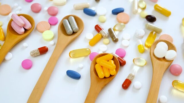 Various tablets and capsules, supplements and vitamins. Selective focus.