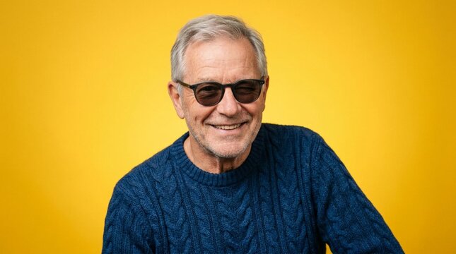 Cheerful senior man with stylish gray hair wearing dark sunglasses and blue cable-knit sweater winking and smiling against vibrant yellow background, happy retirement lifestyle portrait