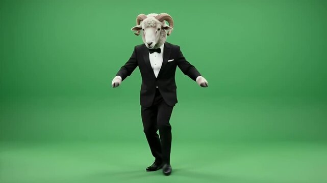 Ram headed man in tuxedo dancing on green screen for funny chroma key character