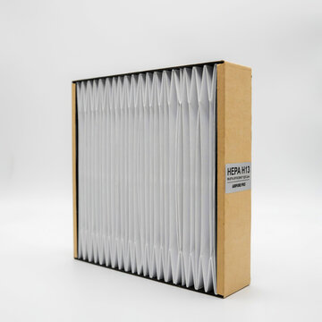 HEPA H13 air filter with white pleats and cardboard casing angled view HEPA pleated