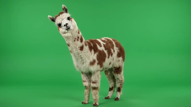Spotted brown and white alpaca standing on green screen for chroma key compositing