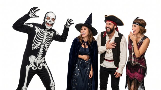 A group of cheerful friends dressed in festive carnival disguises laughs together while celebrating a spooky holiday party and enjoying their time in unique clothing during an autumn evening