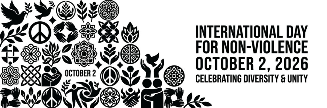 International Day for Non-Violence poster design with diverse cultural symbols.