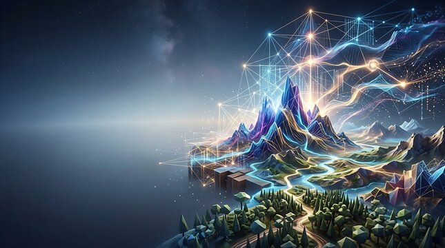 Futuristic digital landscape with glowing data networks over mountains