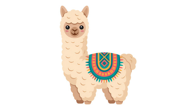 Cute cartoon llama with colorful boho dreamcatcher blanket. Adorable stylized animal character for branding and children's designs.