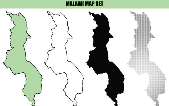 A comprehensive collection of malawi map silhouettes featuring various styles including solid green outline black and grid pattern designs for graphic projects