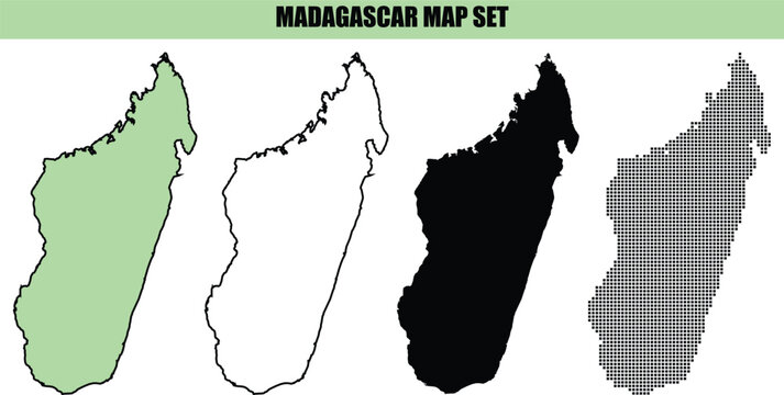 A collection of four different styles of madagascar island maps including solid green outline black silhouette and a checkered pattern design