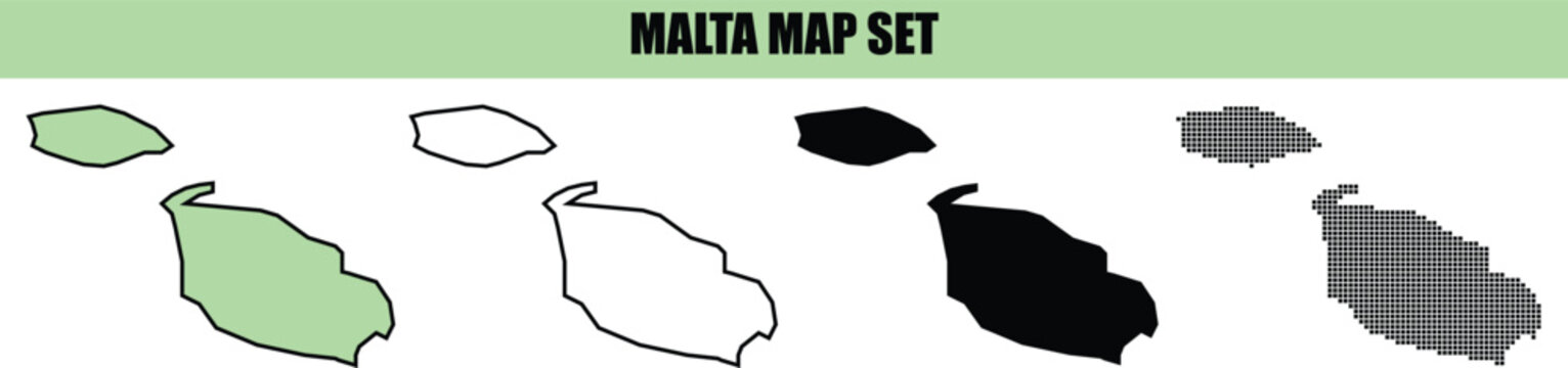 A collection of malta map icons featuring various styles including solid silhouette outline sketch and grid pattern designs for graphic design projects