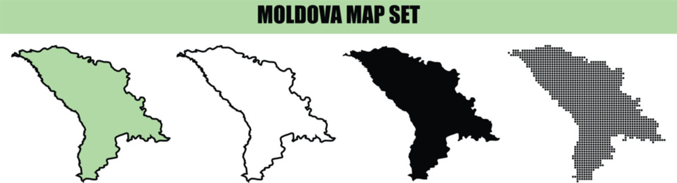 A collection of four different map designs of the country of moldova presented in various artistic styles and graphic design formats