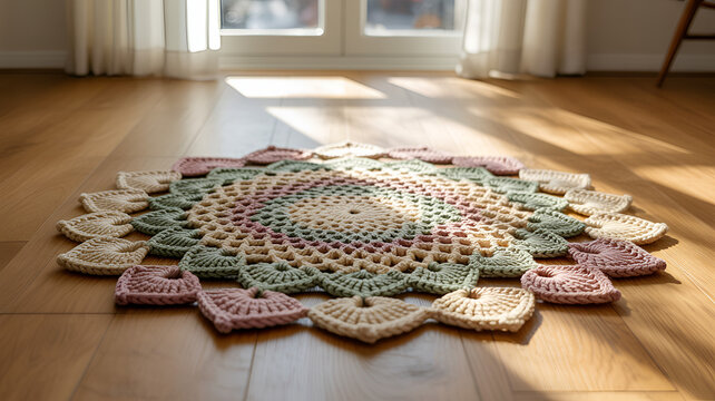 Handmade crochet rug on wooden floor in bright living room. Cozy decorative knitted mat with floral pattern for home decor.