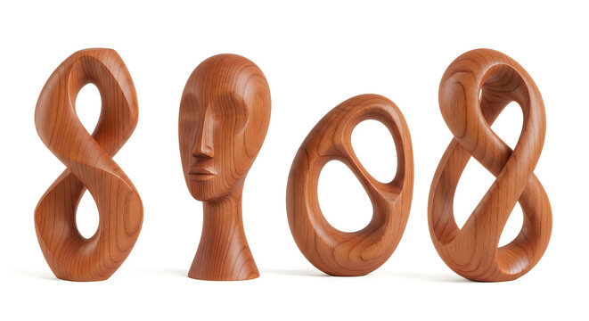 Brown wooden abstract number eight and human face sculptures