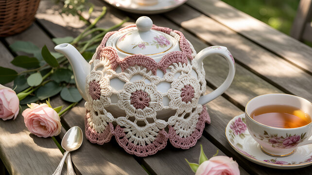 Vintage floral teapot with tea set on rustic wooden table. Elegant crochet cozy on ceramic pot for afternoon tea gathering.