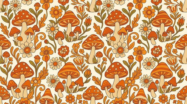 Retro mushroom and floral seamless pattern in orange and cream