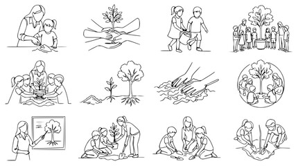Obraz premium Children Planting Trees with Adults, Environmental Education, Sustainability Concept