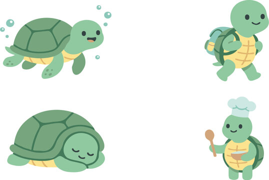 Cute kawaii turtle character collection featuring swimming walking sleeping and chef tortoise cartoon vector illustration set