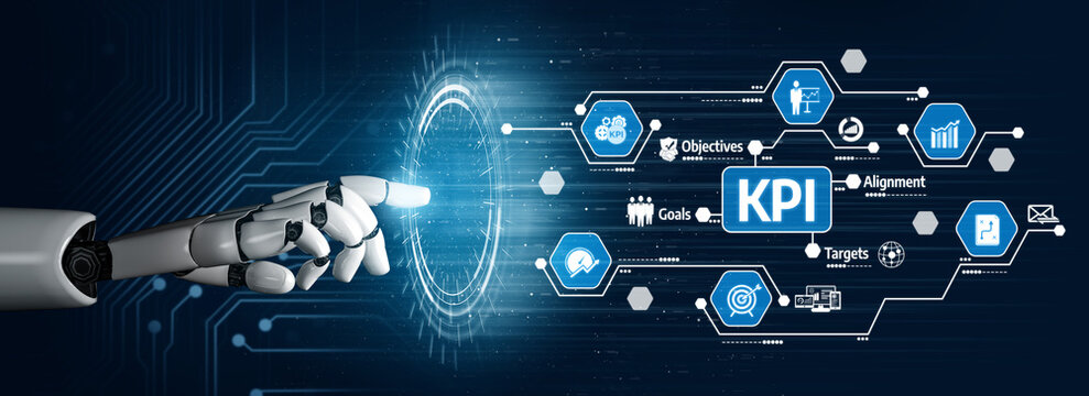 A robotic hand reaching towards a digital interface, showcasing key performance indicators and various business metrics in a futuristic setup. Ideal for technology and business themes. Tessel