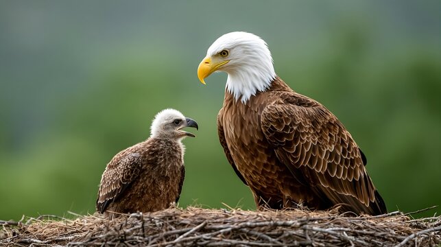 Bald Eagle Feeding Fish to Eaglet in Nest