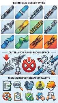 Industrial rigging inspection safety icons and common defect types