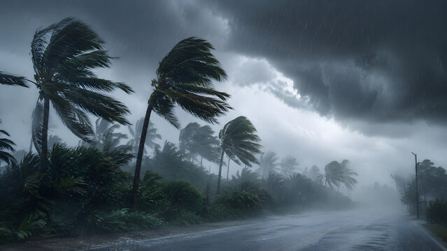Tropical Road in Heavy Rain and Strong Wind