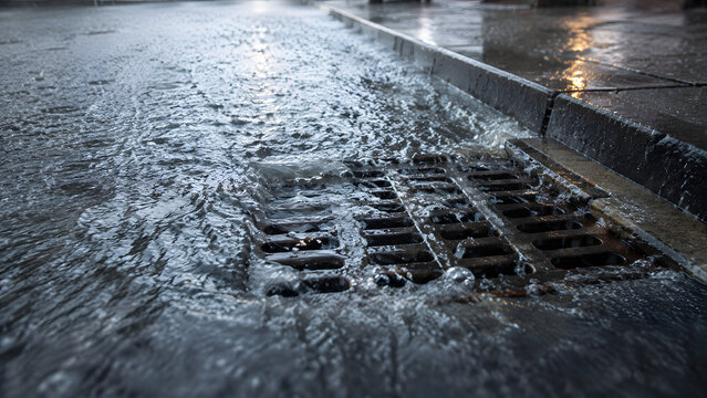 Storm Drain Overflowing on Wet Urban Street