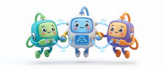 Fototapeta premium Three friendly cartoon robots connecting together with energy