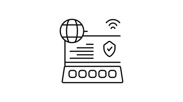 Minimalist outline animation of secure web laptop with globe drawing on and fading out. Features a clean pop up style in 3 color setups.