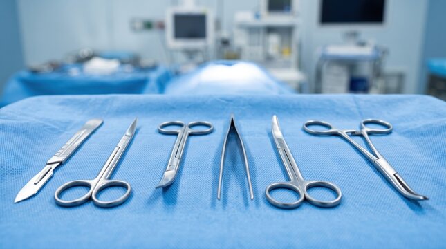 Sterile surgical instruments including scissors, forceps and scalpel arranged on blue cloth in operating room for medical surgery procedure.