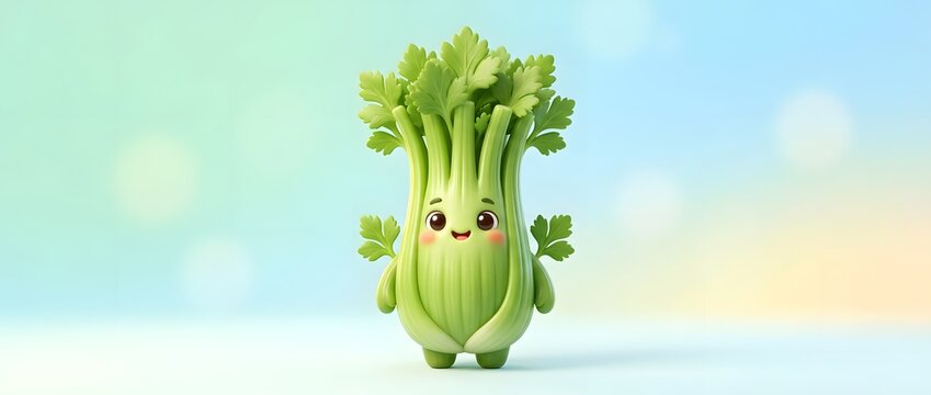 Cute cartoon celery character with smiling face and small wings