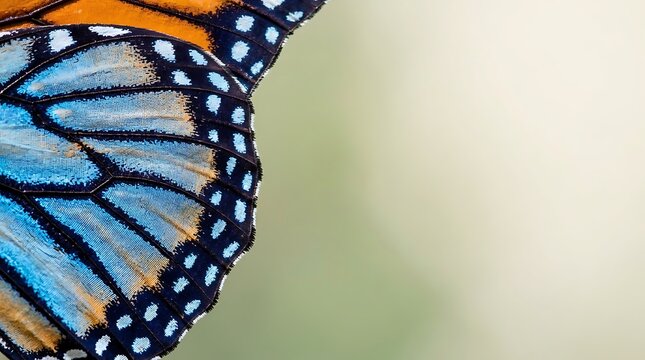Macro view of a vibrant blue and orange butterfly wing pattern