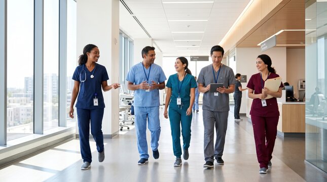 Diverse medical team walking and talking in modern hospital corridor, healthcare professionals collaborating, nurses and doctors in scrubs, positive workplace culture, patient c...