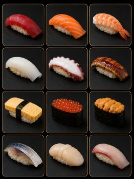 Twelve Japanese Sushi Varieties in Luxury Gold Framed Grid