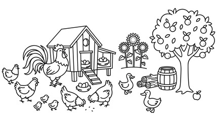 Chicken coop with hens rooster sunflower and apple tree in farm garden. © SADIKUR