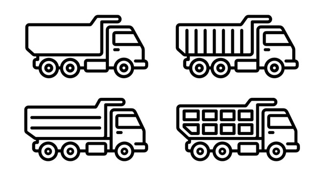 Dump truck line art icons for construction and logistics