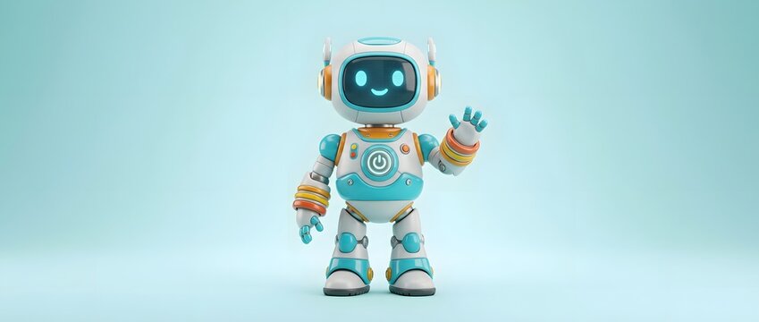 Friendly cartoon robot waving hello with glowing blue eyes