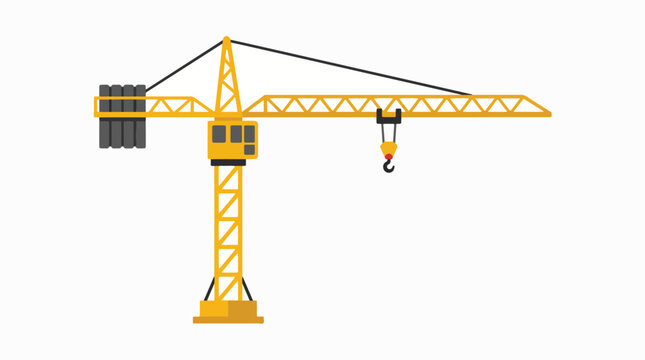 Tower crane with jib on construction site. Heavy machinery for building infrastructure.