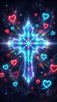 Glowing radiant christian cross surrounded by floating neon love hearts in dark starry space with religion, christianity