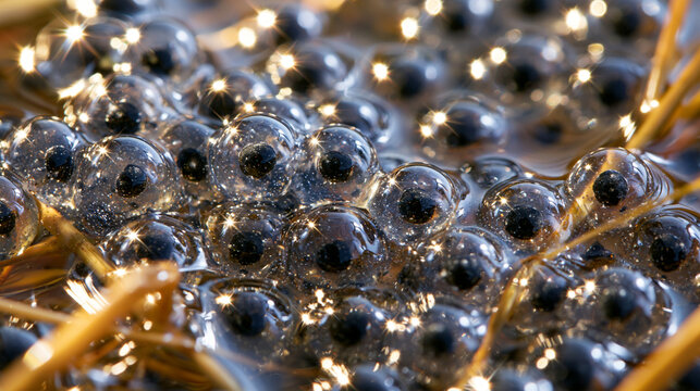 Close-up of numerous frog eggs or spawn in clear jelly clusters underwater.