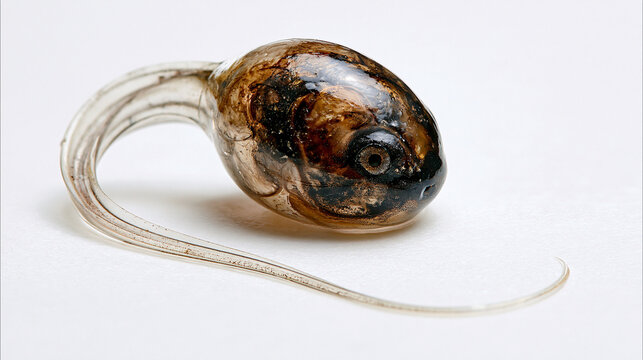 Close-up of a single tiny tadpole with a long curved tail on a white background.