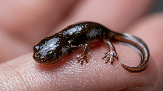 A tiny newt or salamander larva with developing legs and a tail, held on a human fingertip.