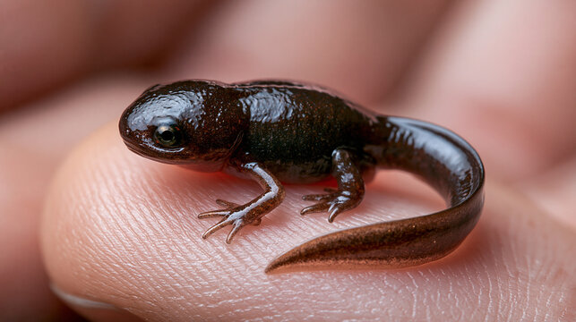 A tiny newt or salamander larva with developing legs and a tail, held on a human fingertip.