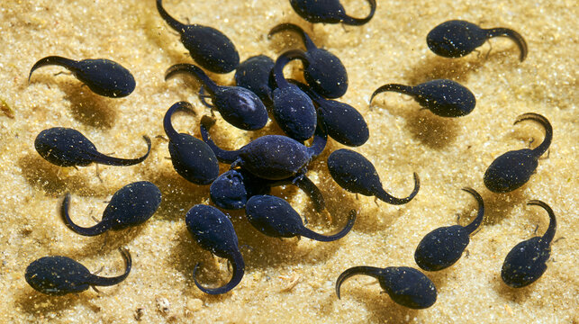 Group of dark tadpoles swimming on a light sandy bottom underwater, amphibian life cycle concept.