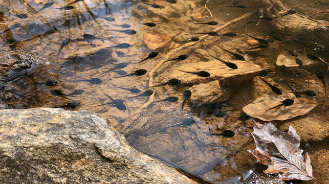 School of black tadpoles swimming in clear shallow water over rocks, wildlife and nature concept.