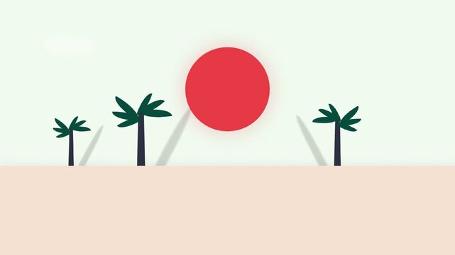 Minimalist desert landscape with palm trees and red sun animation