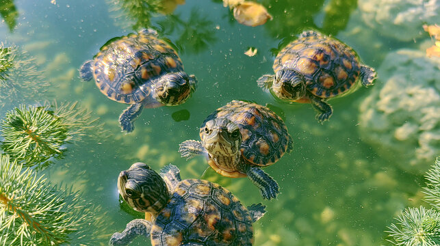 Small turtles swimming in a green pond with water ripples, wildlife and nature concept.