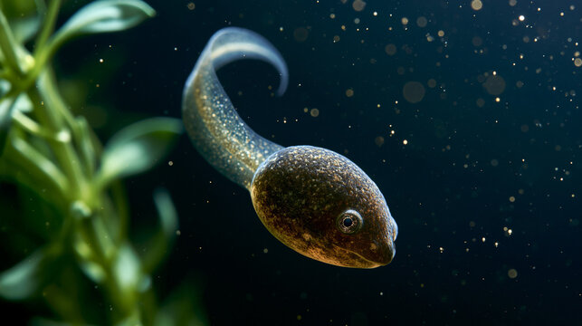 Close-up of a tadpole swimming underwater near aquatic plants, amphibian life cycle concept.