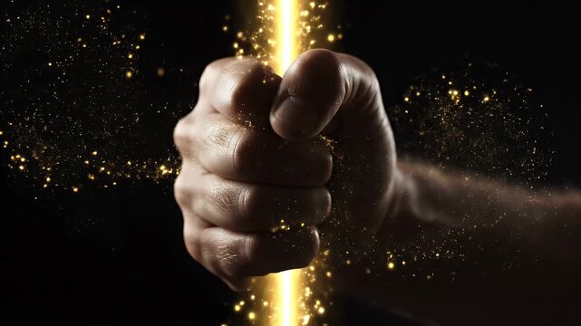 Close-up of a clenched fist emitting golden sparkles against dark background.