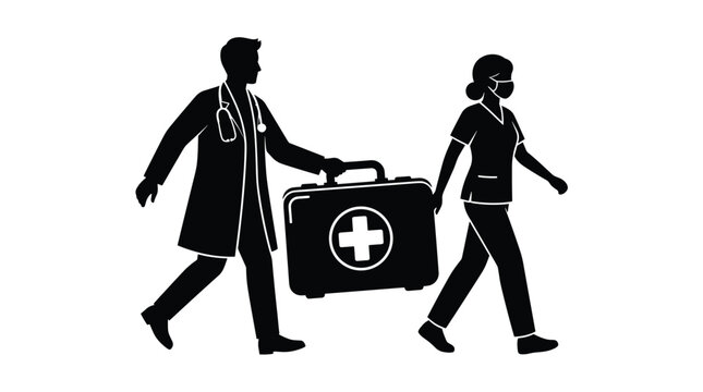 Doctor and Nurse Carrying Medical Kit Silhouette vector illustration